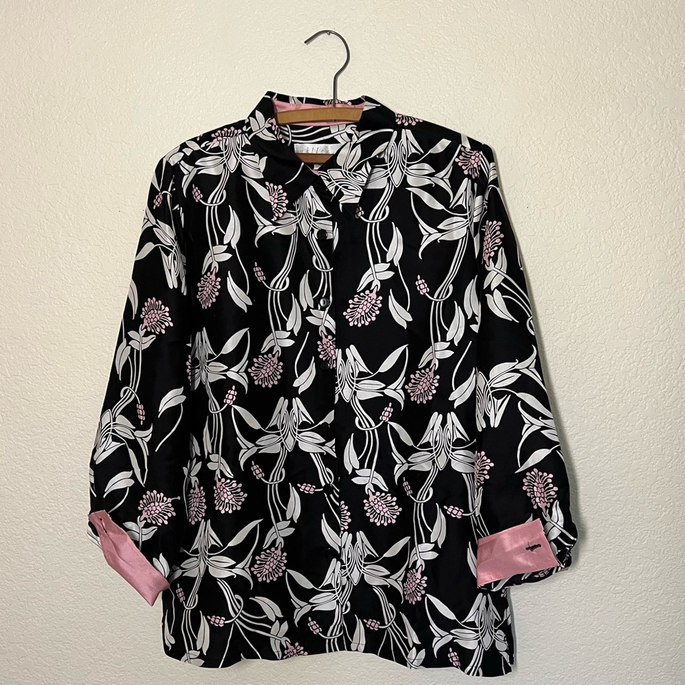 Womens SHOMI by Miller Shor 100% Silk Black Pink Floral Button Up Blouse Size 12